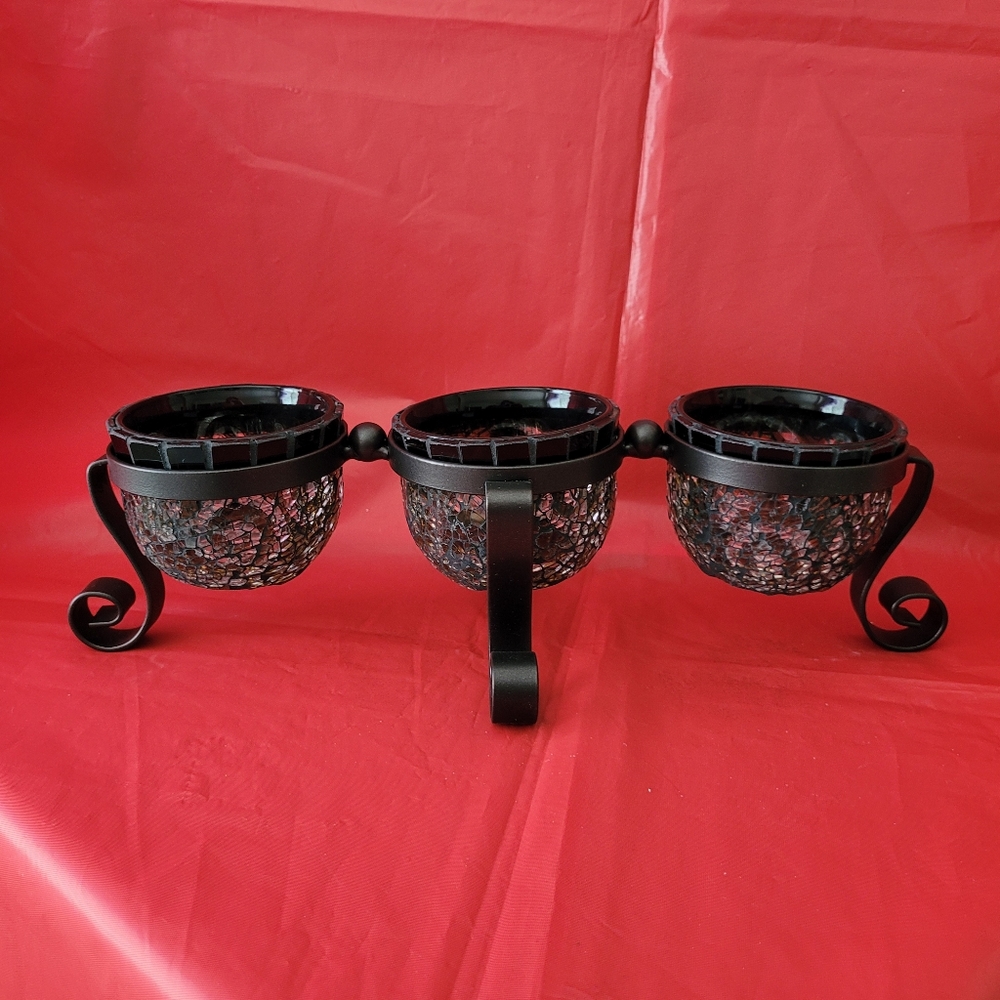 Partylite Glass Mosaic Amarett Swirl Tealight trio w/Black Iron Stand (C…